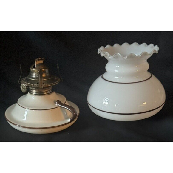 Vintage Lamplight Farms Oil Lamp Shade Stoneware Pottery Milk Glass Brown Ruffle - Picture 8 of 15
